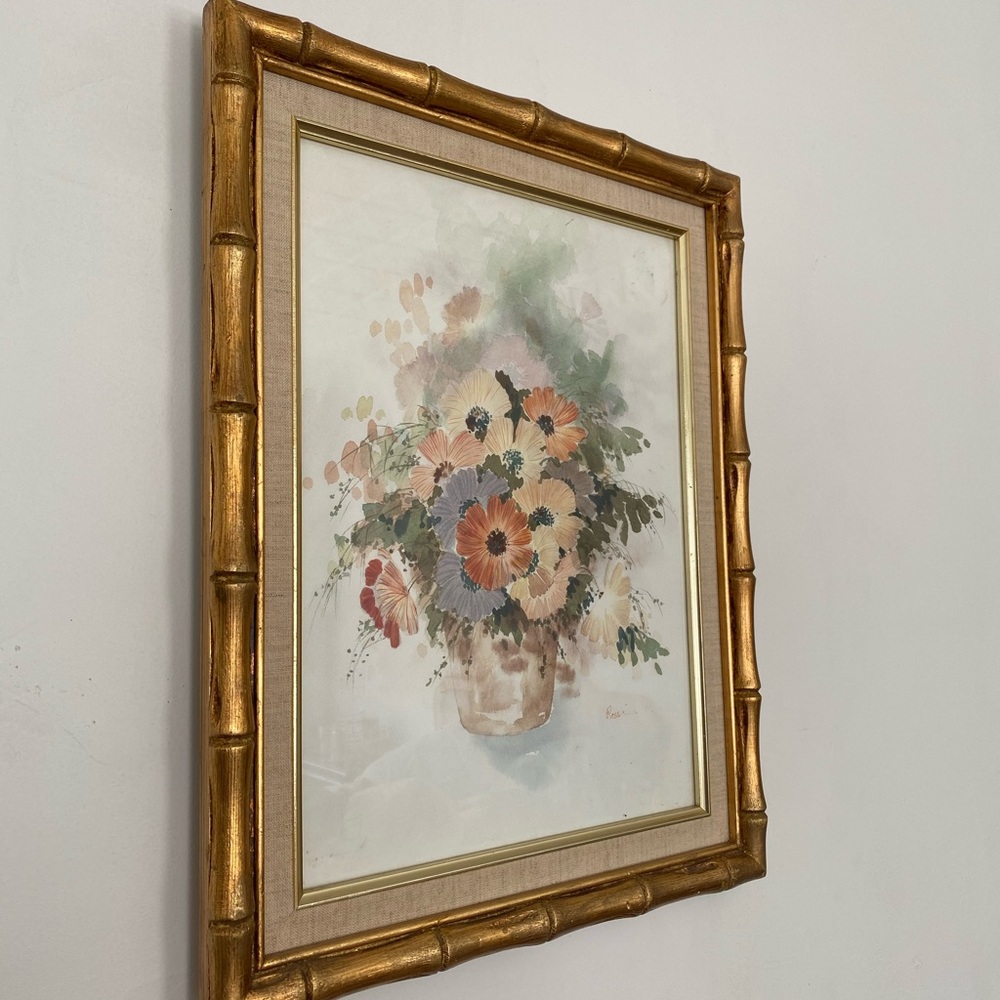 Vintage gold bamboo frame floral art